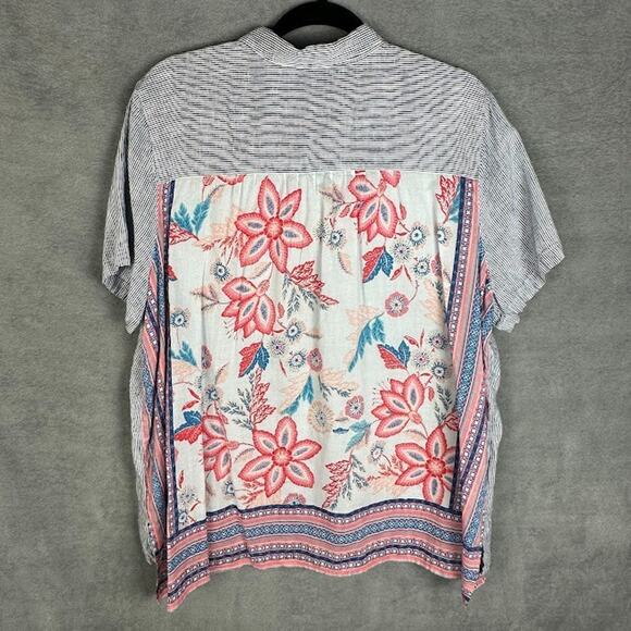 J Jill Top Womens Extra Large Blue Striped Floral Short Sleeve Linen Resort - Picture 6 of 13